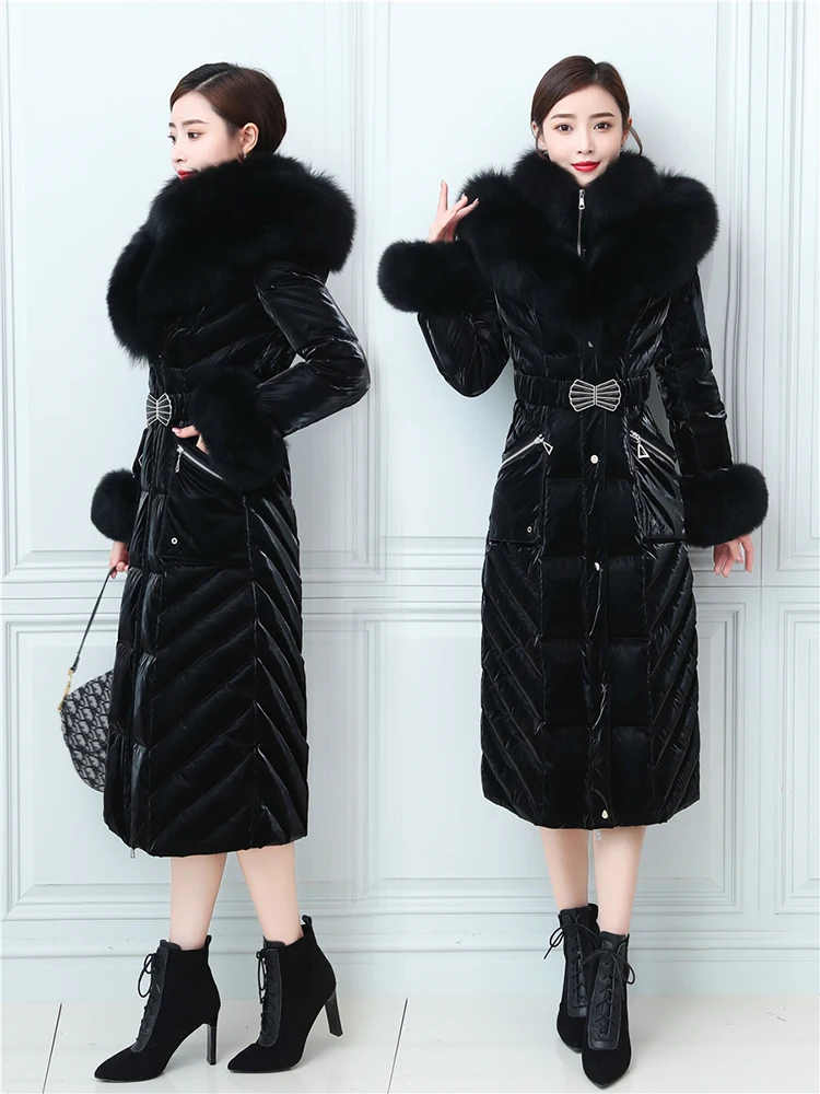 New Women Fur Down Jacket Winter Double Real Fox Fur Collar Wash Free Glossy Surface Thicken Warm Down Coat Belt Slim Outerwear