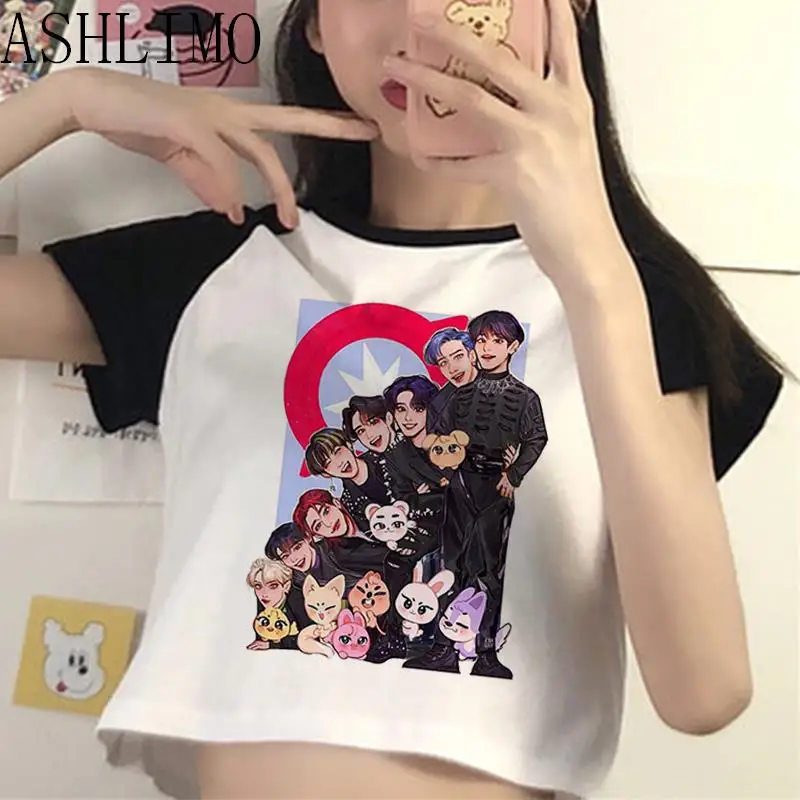 Korean Kpop Stray Kids SKZ Zoo Women's T-shirts Crop Tops -Shirts Fashion O-neck Patchwork  Y2t Tshirt Sexy Short Aesthetic Tops