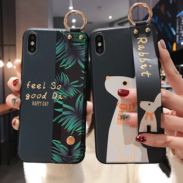 

Retro style banana leaf rabbit bracket Phone Case For iPhone 11 12 13 pro x xr xs max 7 8 plus Wrist Strap Holder Back Cover