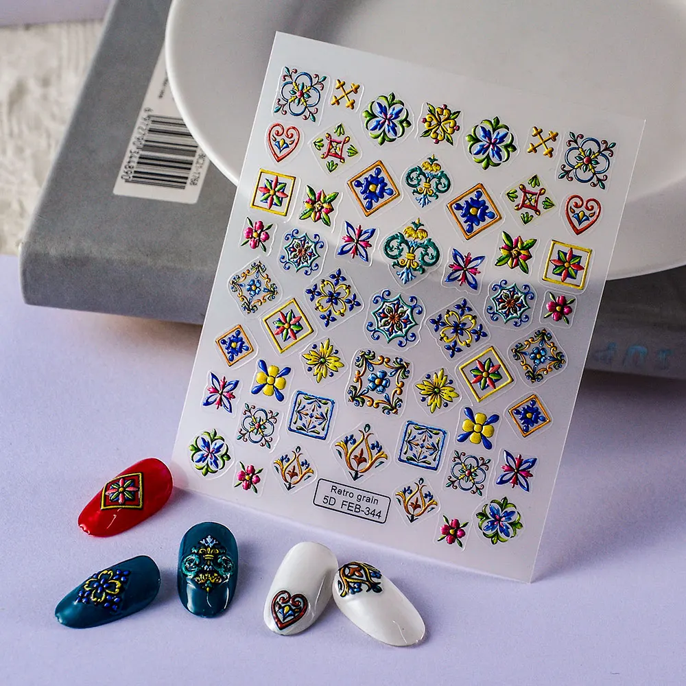

New 5D Bohemian Flower Nail Sticker Three-Dimensional Blue Black Fashion Butterfly Summer Ice Cola Nail Decoration Nail Supplies