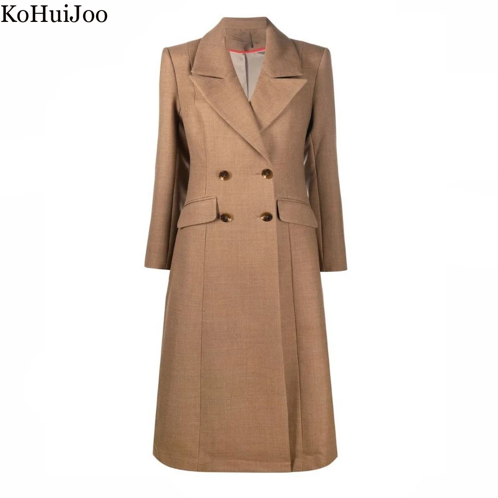 KoHuiJoo Autumn Winter Vintage Trench Coats for Women Double Breasted Turn-down Collar Slim Long Blazer Ladies Trench Jackets