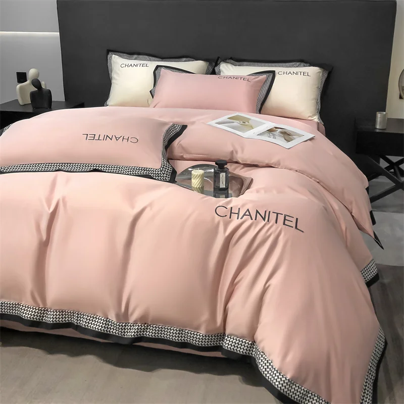 

Hot Sales Solid Color Icy Silk Three Piece Set Four Piece Bedding Set Duvet Cover with Bed Sheet Pillow Cover Pink