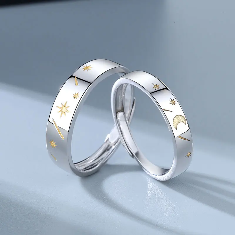 

Vintage Star Moon Couple Rings For Women Men Stainless Steel Adjustable Silver Color Moon Ring Aesthetic Wedding Jewelry Gift