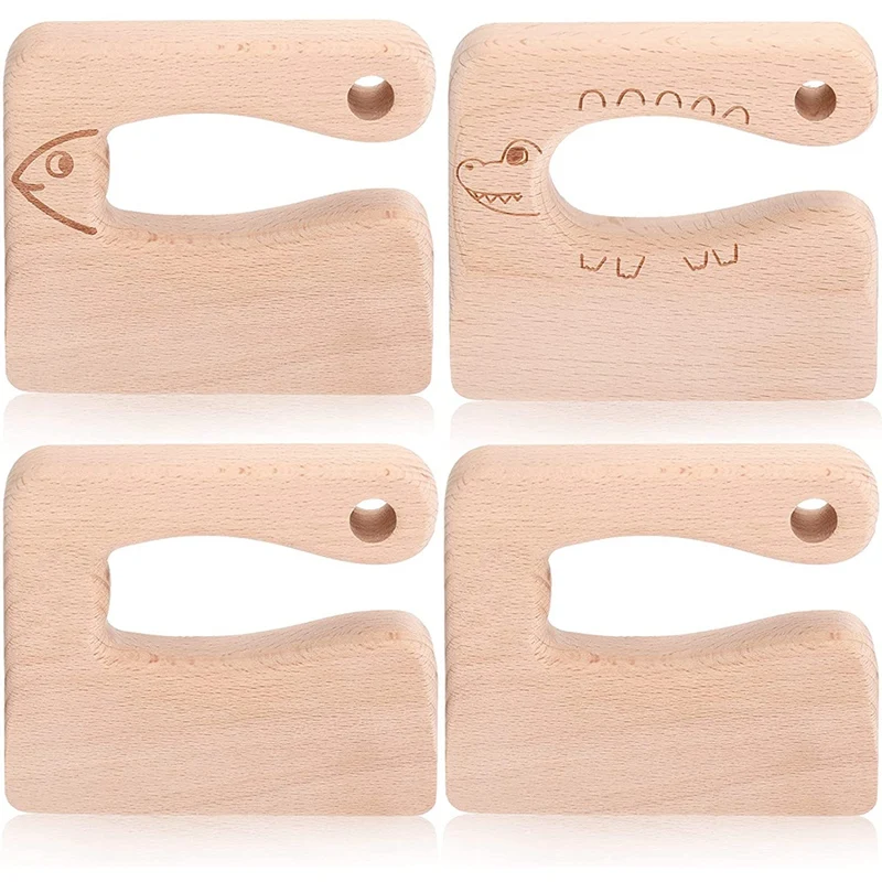 

-4 Pieces Wooden Kids Knife 2 Patterns Safe Cutting Knife Wooden Cooking Chopper Kitchen Tools For Toddlers