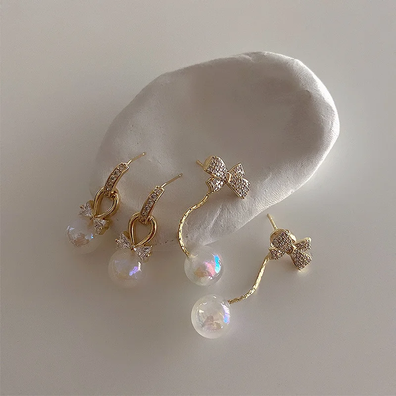 

Delicate Gradient AB Color Imitation Pearl Earring for Women Female Sparkly CZ Cubic Zirconia Bowknot Dangle Earrings Brincos