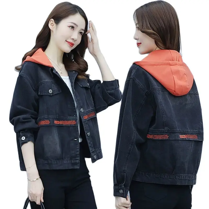 

Denim Jacket Women's Retro Fried Street Black Coat 2022 Spring Autumn New Hooded Cowboy Outwear Female Loose Overcoat Ladies Top