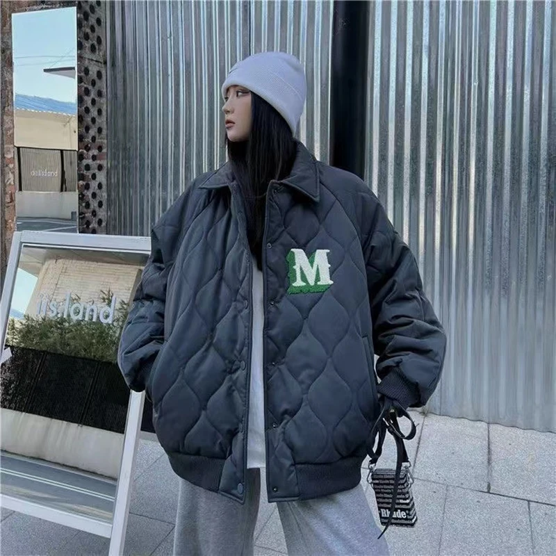 Letter Embroidery Coat Y2k Autumn Trend Long Sleeve Thick Baggy Jacket Streetwear Winter Warm Baseball Uniform For Women