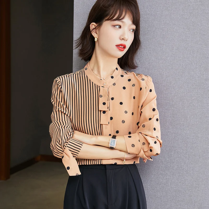 

Chiffon Loose Women's Shirt New Fashion Blouses Splicing O-neck Spring Casual Long Sleeve Houthion