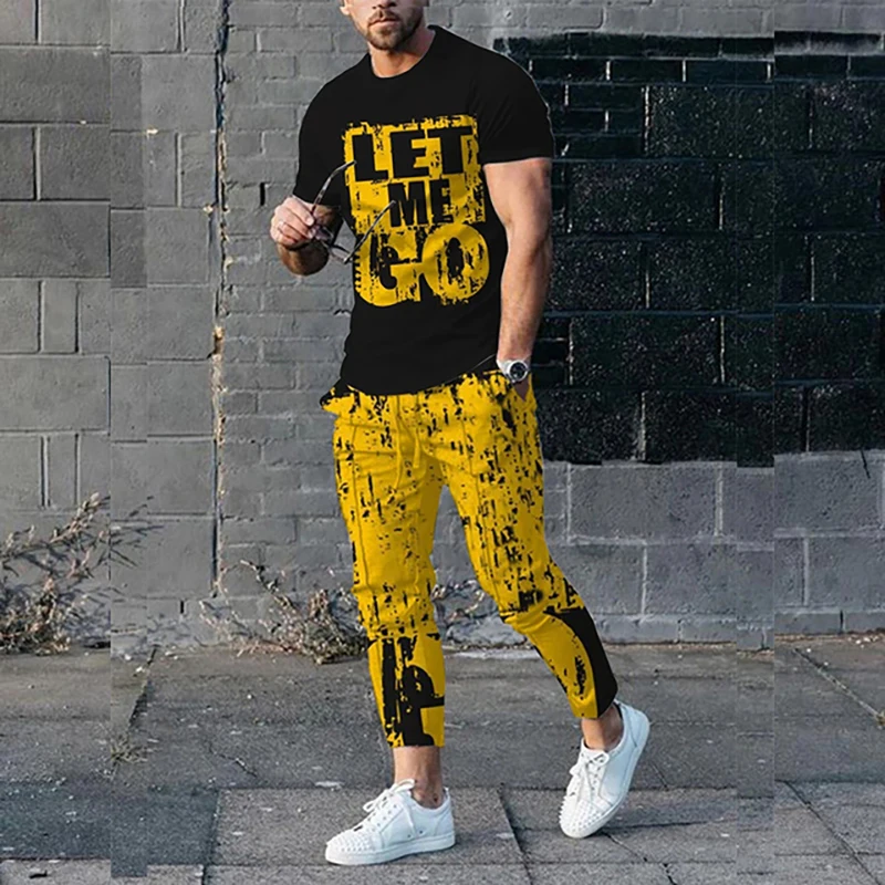 2023 Men's Summer Tracksuit 2 Pieces Lattice Printing T-Shirt+Trousers Set Casual Jogging Suit Fashion Male Oversized Streetwear