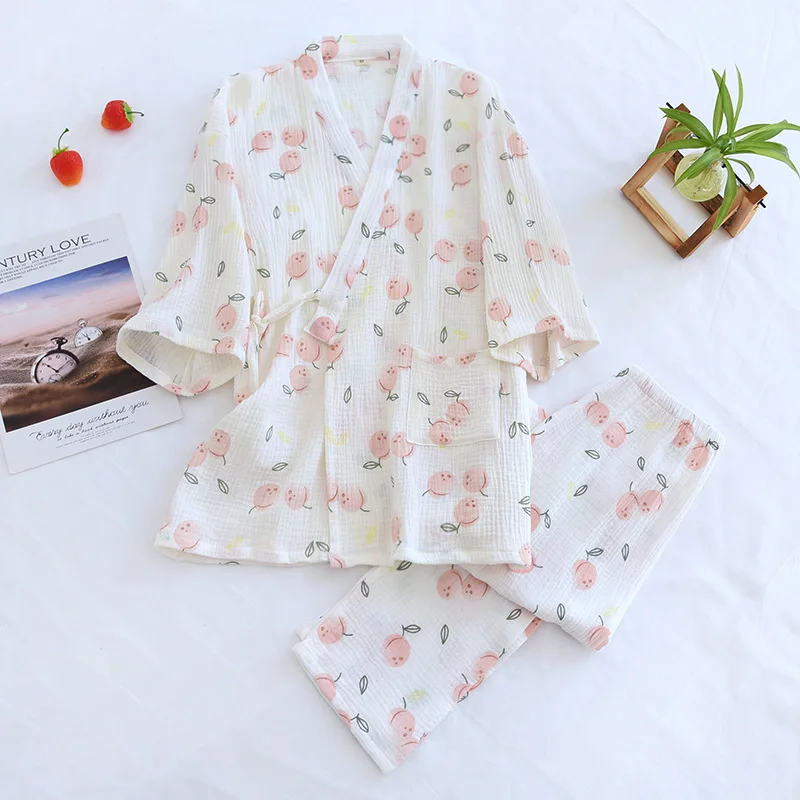 

New Spring Summer Japanese Kimono Suit Ladies Sweet Flowers 100% Cotton Crepe Pajamas Long Sleeve Pants Two Piece Homewear