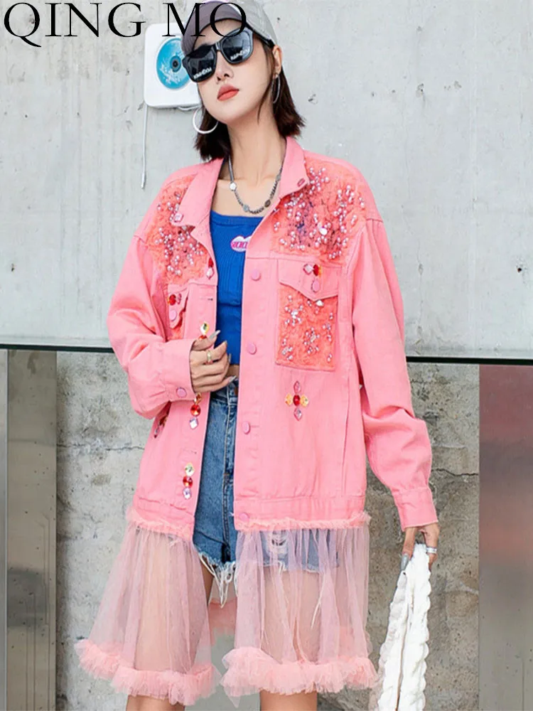 

Женское джинсовое пальто с блестками QING MO, Свободное пальто средней длины из джинсовой ткани в сеточку, со вставками под алмаз, осень 2023, ...