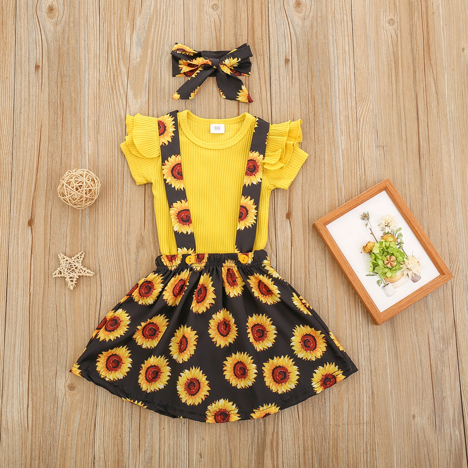 

Kids Girls Outfit Short Sleeve Tops+Floral Print Suspender Skirt Headband Kid Girls Casual Children's Clothing