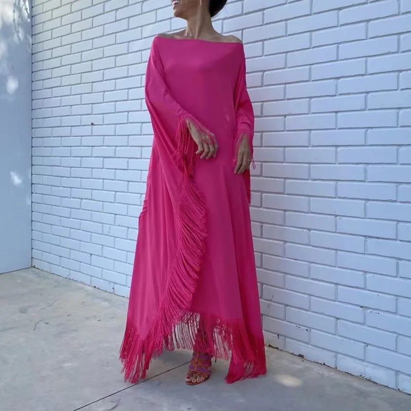 

French Elegant Off Shoulder Dress Women Solid Loose Tassel Beach Maxi Dress 2023 New Female Bat Sleeve Long Dresses Streetwear
