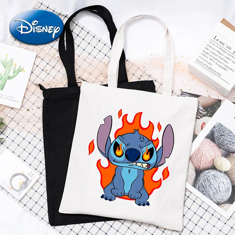 

Disney Stitch Canvas Shoulder Bag Cute Anime Figure Casual Handbag Reusable Large Capacity Girl Beach Zipper Crossbody Bags Gift