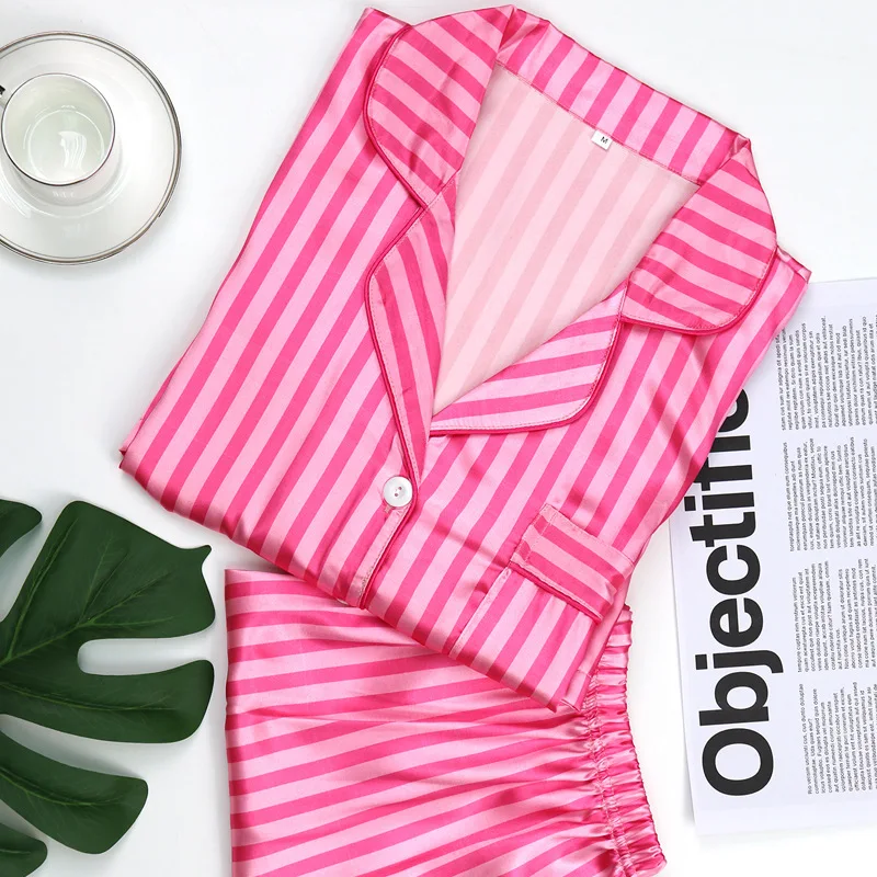 Two Piece Suit Pajamas for Women Striped Satin Silk Sleepwear Pyjamas Pjs Short Set Summer Autumn Shorts Loungewear Home Clothes