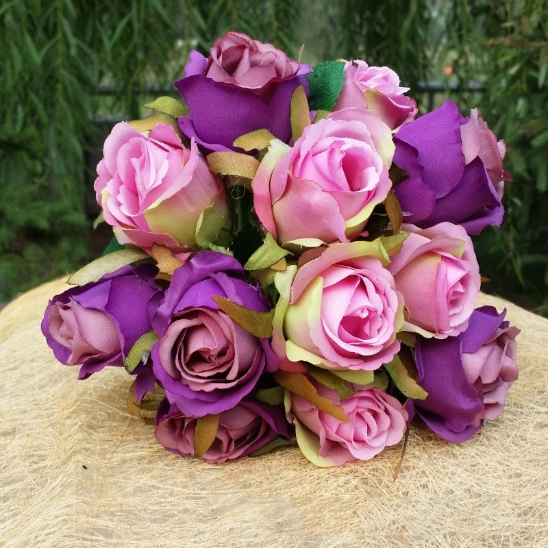 

12 Bunches Artificial Rose Bridal Bouquet Champagne Small Rose Holding Flowers Photography Shooting Props Wedding Decoration