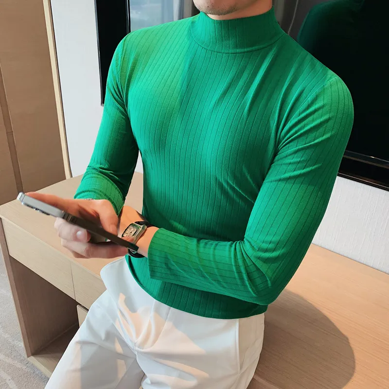

Осенне-зимняя полосатая футболка с полувысоким воротником, мужская приталенная пуловер-стретч, Высококачественная однотонная универсальная базовая рубашка, футболки