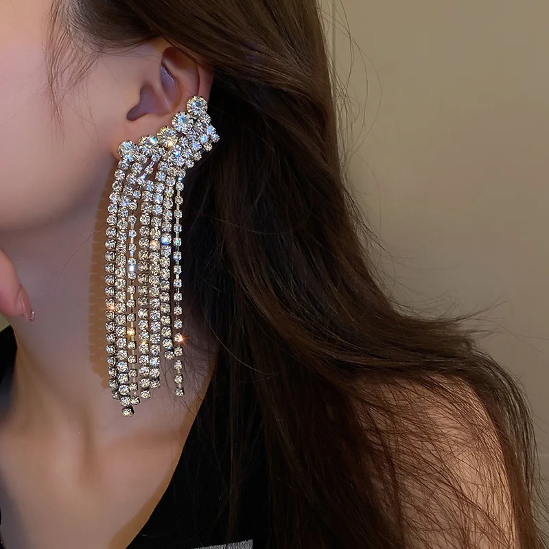 

New Exaggerated Shine Rhinestone Tassel Big Long Earring For Women Party Jewelry Statement Crystal Dangle Earrings Wholesale