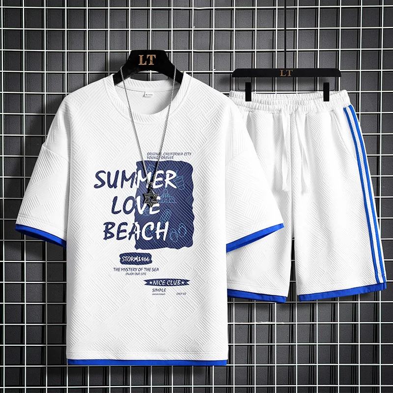 

2023 New Waffle Fabric Men's Short Sleeve Set Harajuku Print Tshirt and Shorts Fashion 2 Piece Set Male Sports Suit Running Set