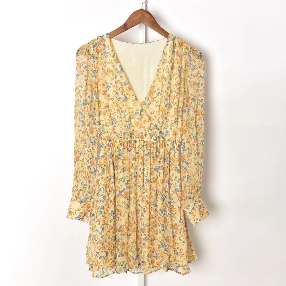 

Floral Print Women V-Neck Mini Dress Fashion Lady Sweet Elastic Waist Long Sleeve Short Robes 2022 New Summer