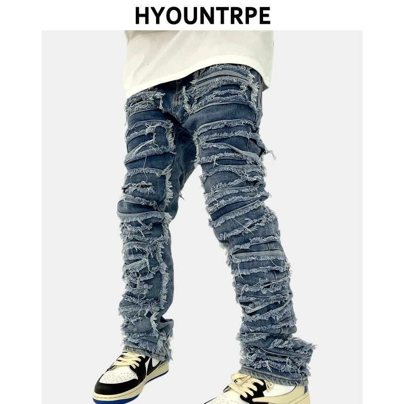 Ripped Destroied Patchwork Denim Jean Mens Distressed Biker Jeans Fashion Hip Hop New Casual High-street Straight Pants Joggers