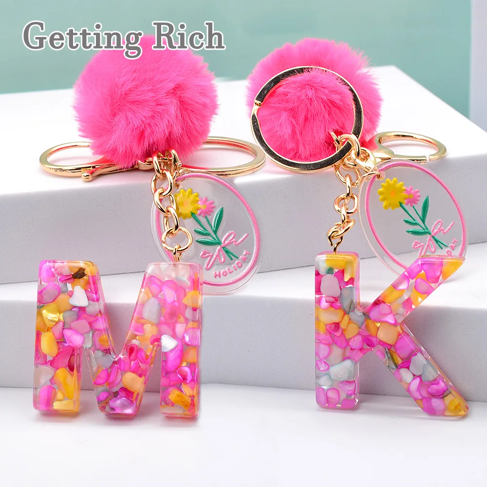 

Kawaii 26 Letters Key Chains For Women Purse Handbags Charms A To Z Resin Alphabet Initials Pendant With Pink Pompom Flower