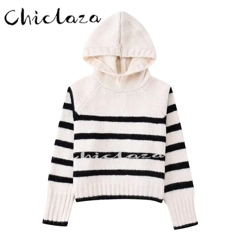 

CHICLAZA 2022 осень зима женский модный винтажный вязаный свитер с капюшоном Женский Повседневный Полосатый пуловер с длинным рукавом Топ