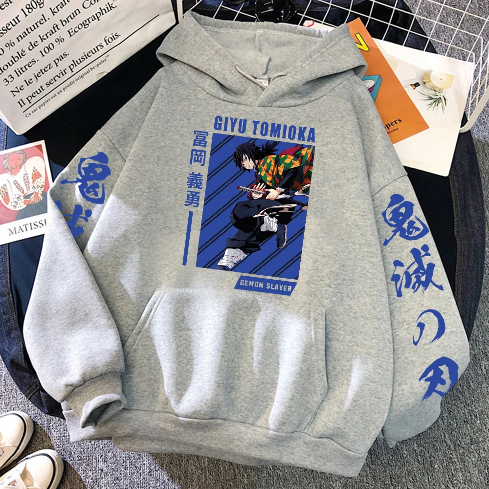 

Demon Slayer Giyu Tomioka Print Men's Hooded Harajuku Fleece Long Sleeves Fashion Crewneck Pullovers Autumn Oversize Man Hoodies