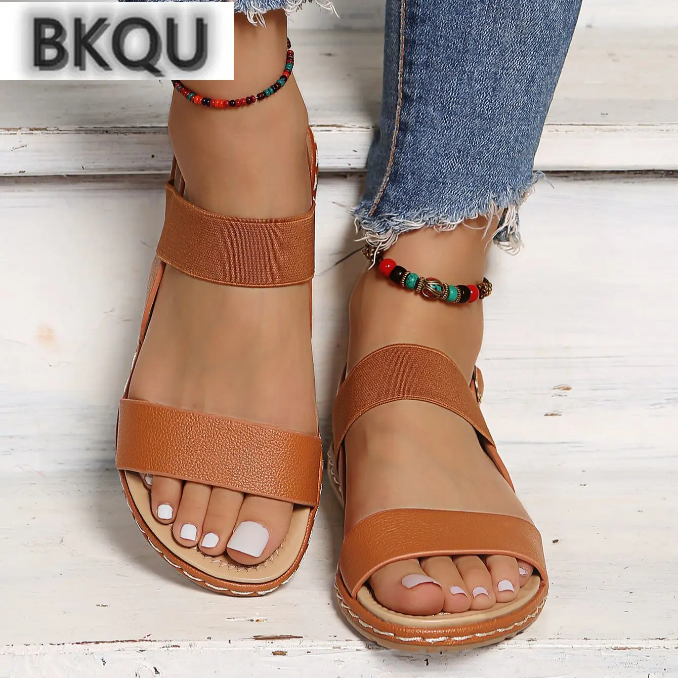 

2022 Sandals Women Black Brown Pink Roman style PU Leather Summer flat Beach Women Sandals Ladies Shoes Size 36-42