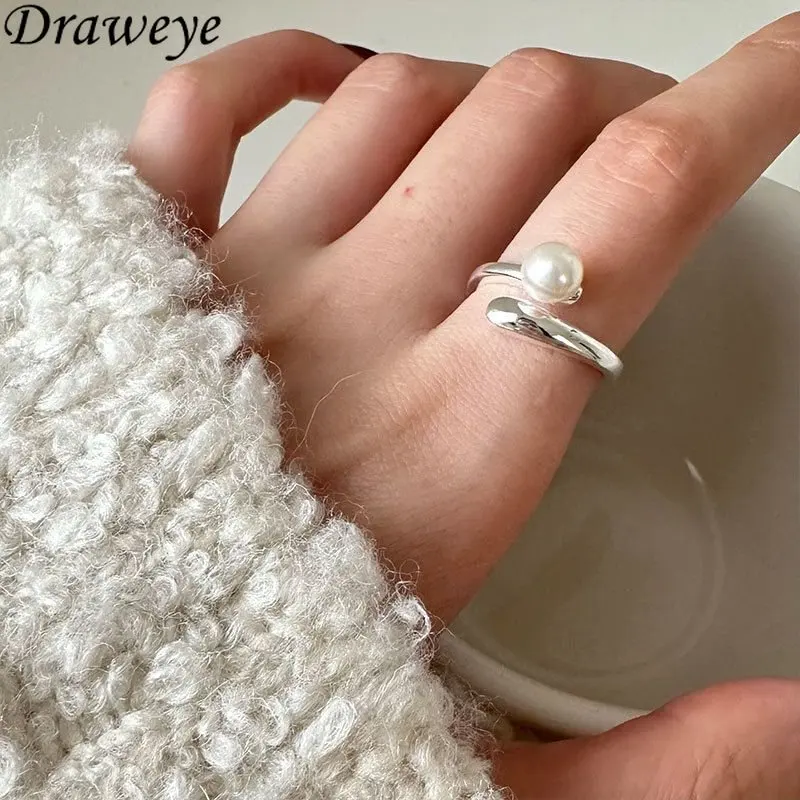 

Draweye Jewelry for Women Irregular Metal Pearls Simple Minimalism Silver Color Cuff Rings Y2k Forefinger Vintage Anillos Mujer