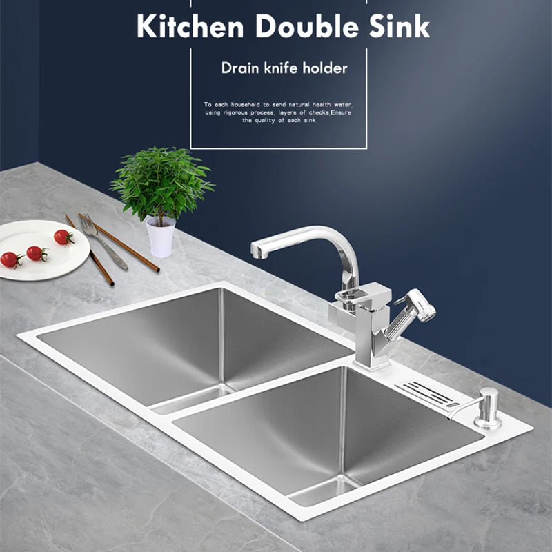 

Большая кухонная раковина из нержавеющей стали SUS304 с держателем для ножей, раковина ручной работы с двойной чашей, кухонная раковина, аксессуары для крепления