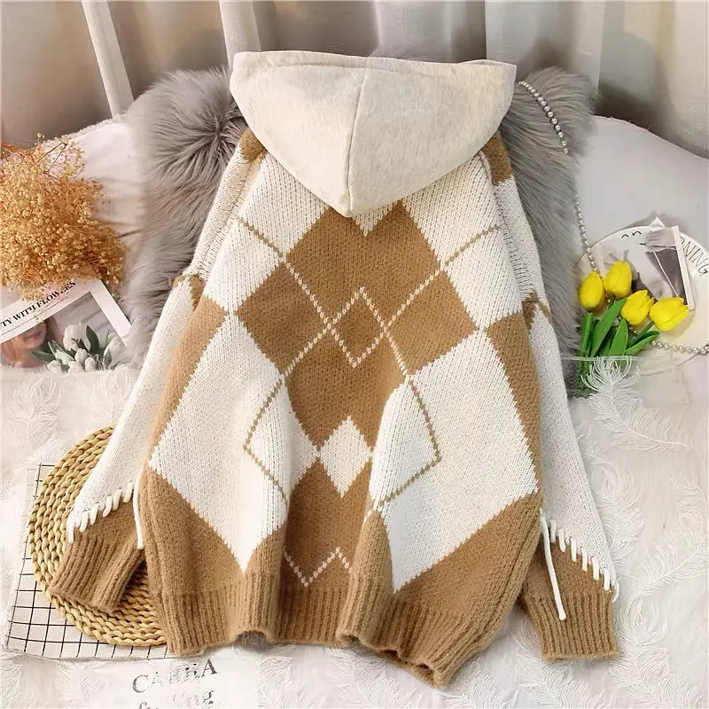 Серый свитер из двух частей с капюшоном женский свободный стильный вязаный