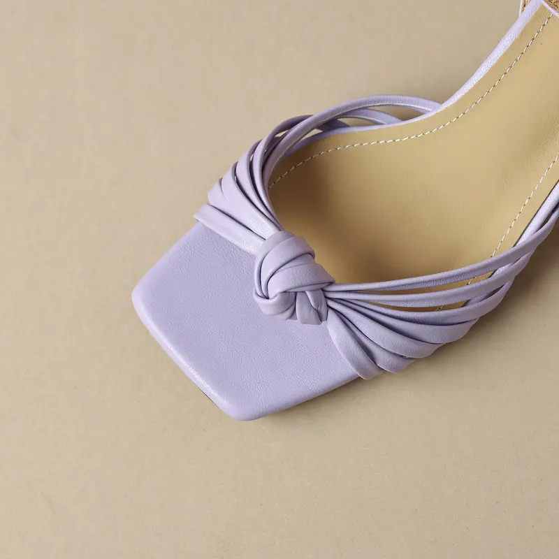 Women's Knotted Dress Sandals Square Toe Strappy Shoes Silver Beige Purple Kitten Heels