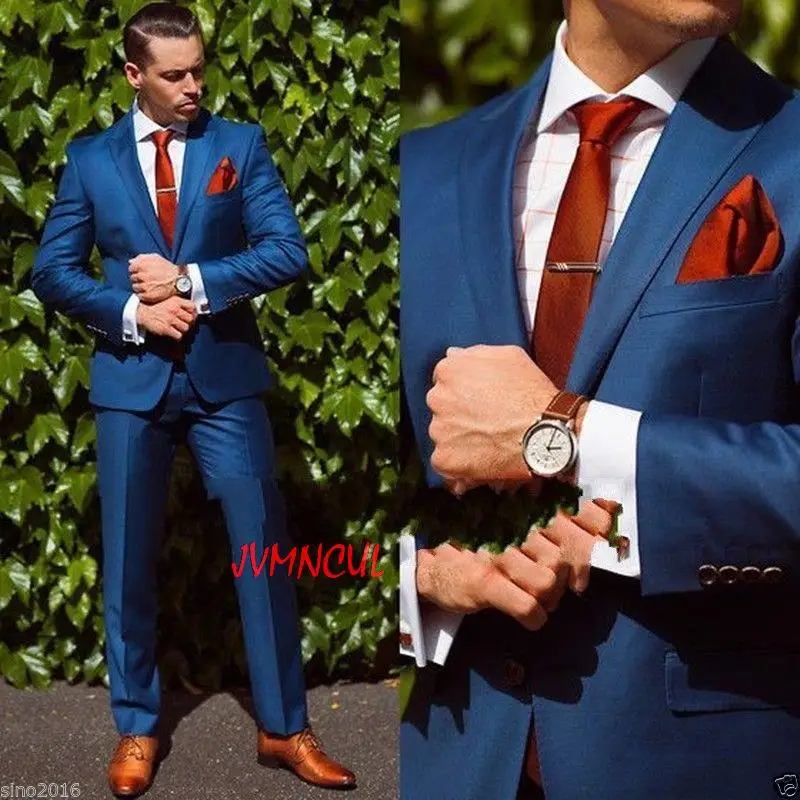 

(Jacket+Pant+Tie+Handkerchiefs)Bule Wedding Suit For Men Formal Groom Bestmen Suits Custome Fashion Tuxedos Brand Clothing Suits