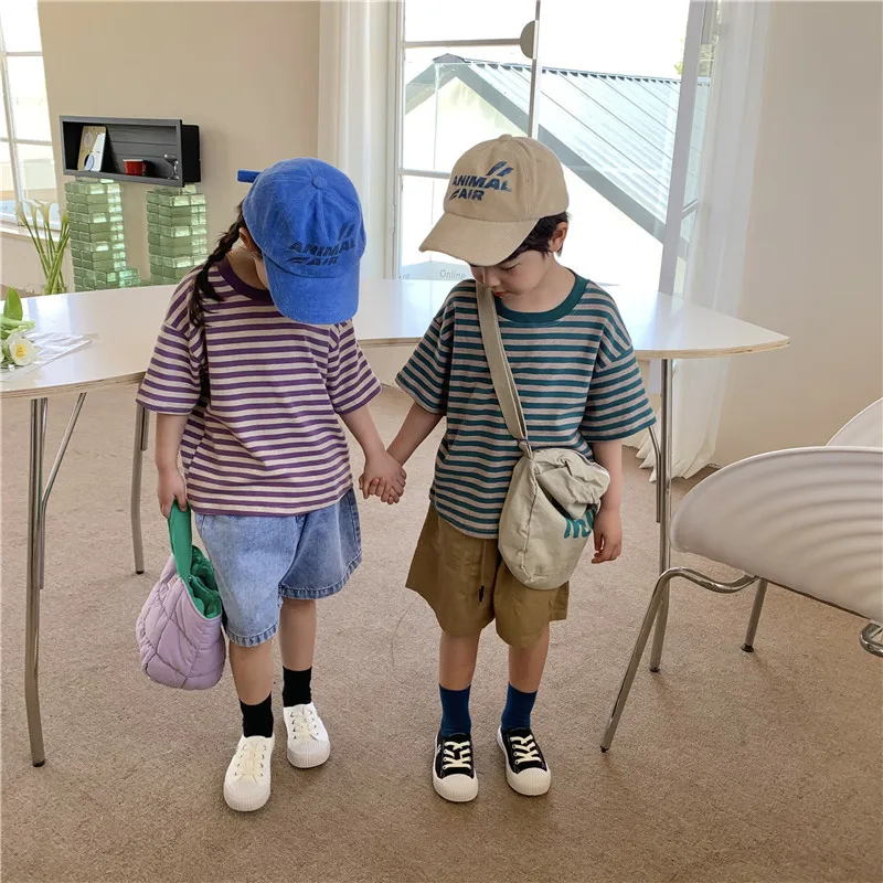 Летние фиолетовые полосатые футболки унисекс Детские хлопковые свободные