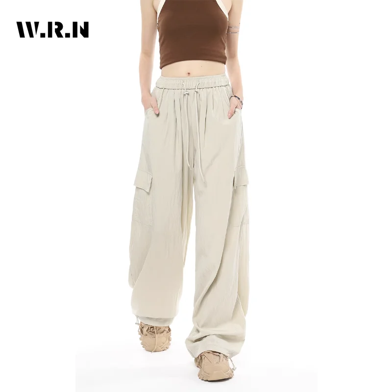 

Брюки-карго женские с завышенной талией, повседневные однотонные брюки с широкими штанинами, на шнуровке, Модные свободные длинные штаны, весна-лето 2023