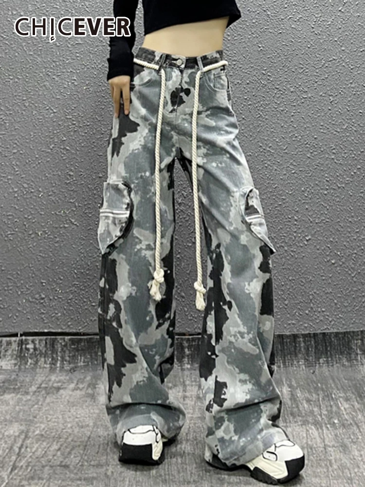 

CHICEVER Streetwear Camouflage Cargo Pants For Women High Waist Patchwork Drawstring Vintage Colorblock Denim Trousers Female