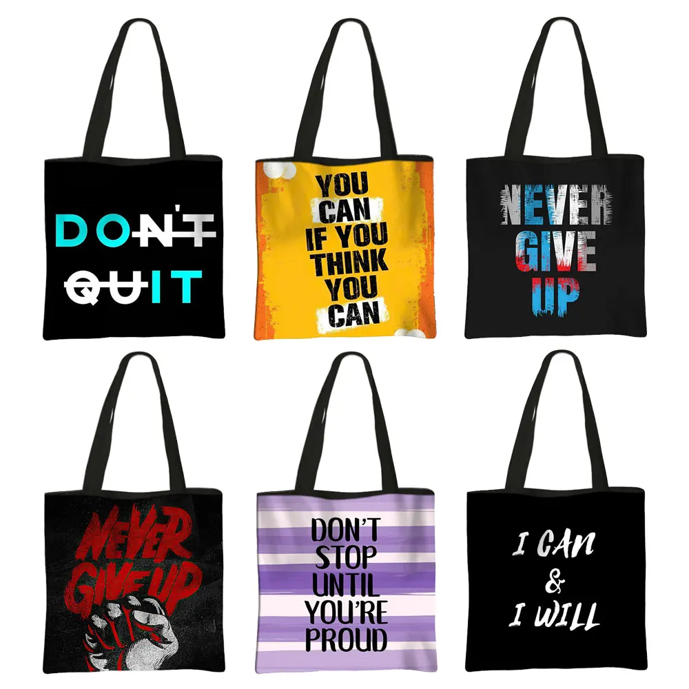 

Positive Mind Vibes Print Totes Bag Never Give Up Handbag Canvas Shoulder Bag Large Capacity Storage Bag Shopping Bag Book Bag