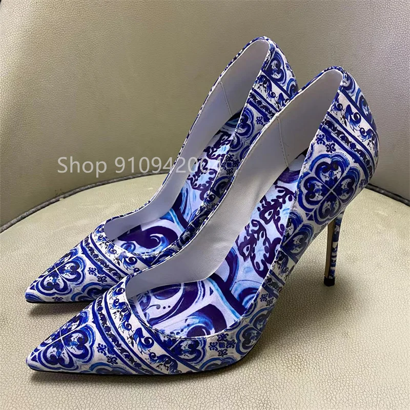 

Sexy Women Slip On Print Sandals Spring 10CM High Heels Open Toe Gladiator Shoes Blue Ladies Party Pumps