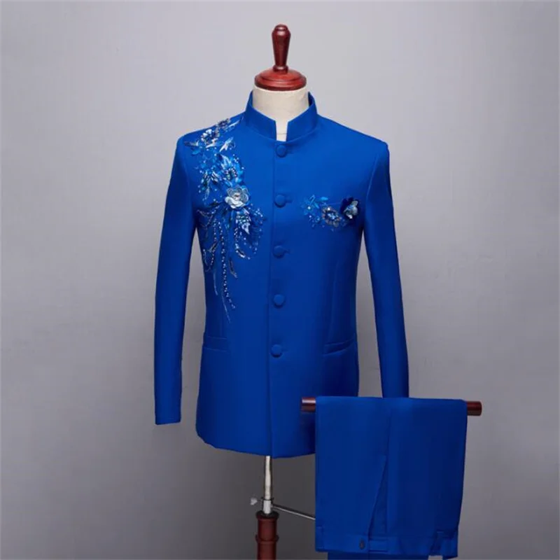 Sequin Blazer men Chinese tunic suit set pants mens wedding suits costume singer star style dance stage clothing formal dress