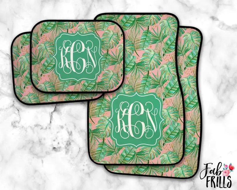 

Монограммные автомобильные коврики с пальмовым листьем, коврики Monstera, тропические автомобильные коврики, персонализированные автомобильн...