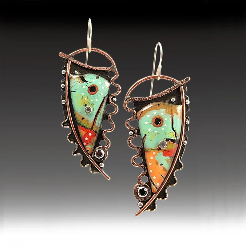 

Retro Geometric Asymmetric Colorful Enamel Earrings for Women Personality Hollow Ear Hooks Fashion Creative Ethnic Style Jewelry