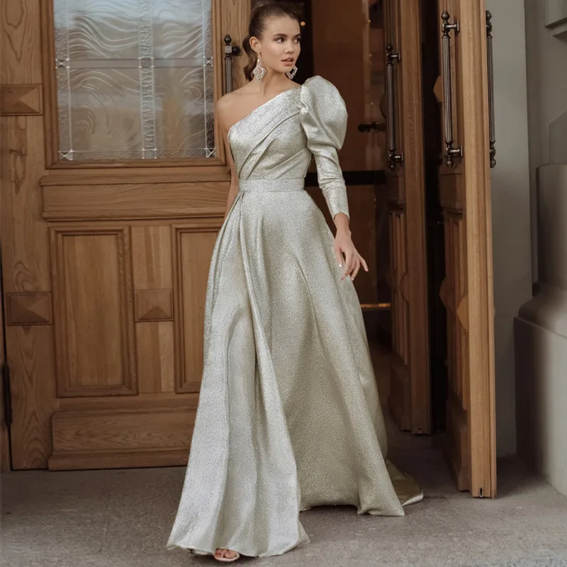 

Women Dress Summer Sexy Solid High Waist Party Formal Dress Women Elegant One Shoulder Puff Sleeve Slash Neck Off Shoulder Dress