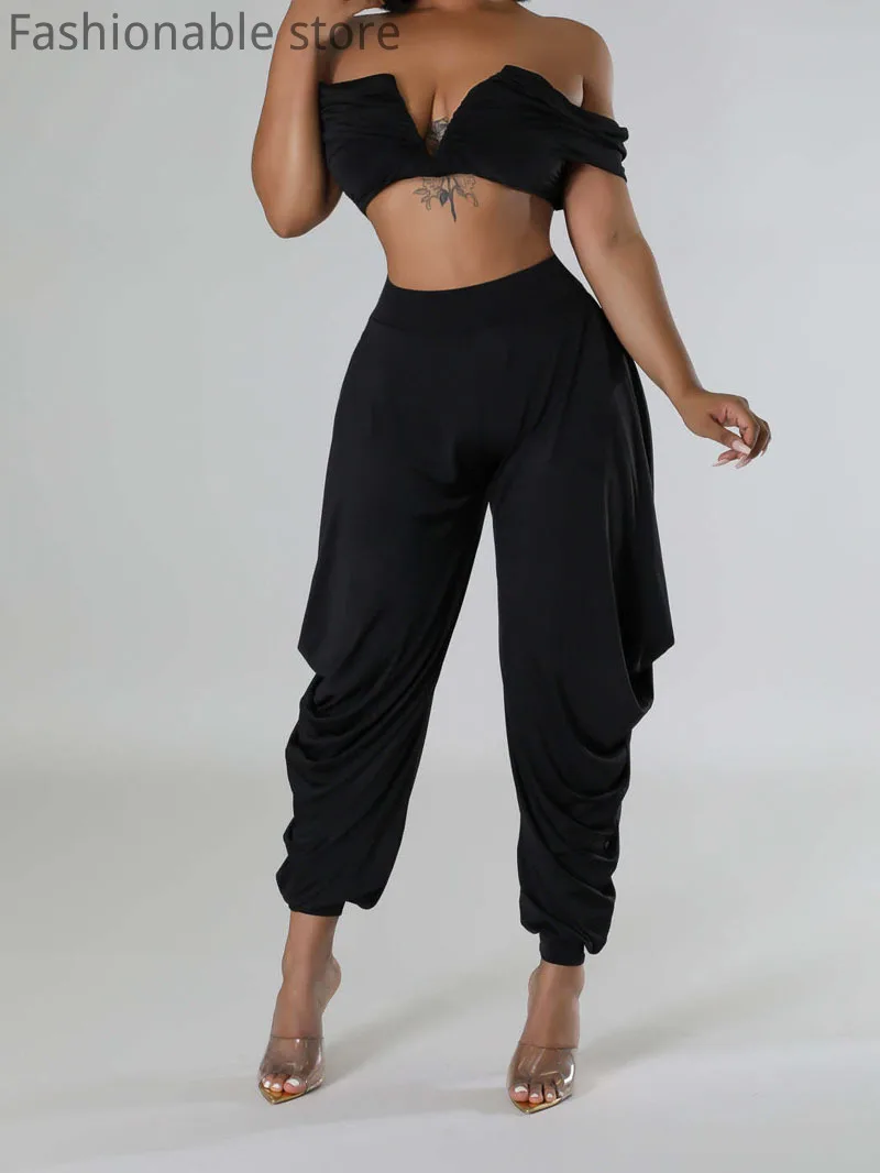 Женский пикантный однотонный топ с открытыми плечами и V-образным вырезом брюки