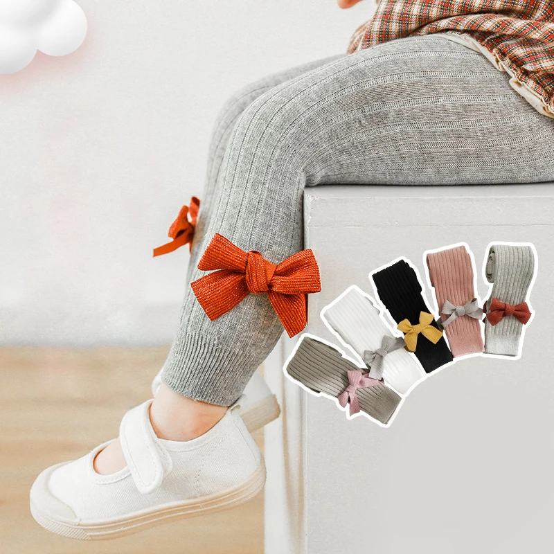 

Spring Autumn Baby Girls Leggings Bow Tights Solid Color Cotton Soft Knitted Trousers Children Pantyhose Kids Girls Tights 0-4T