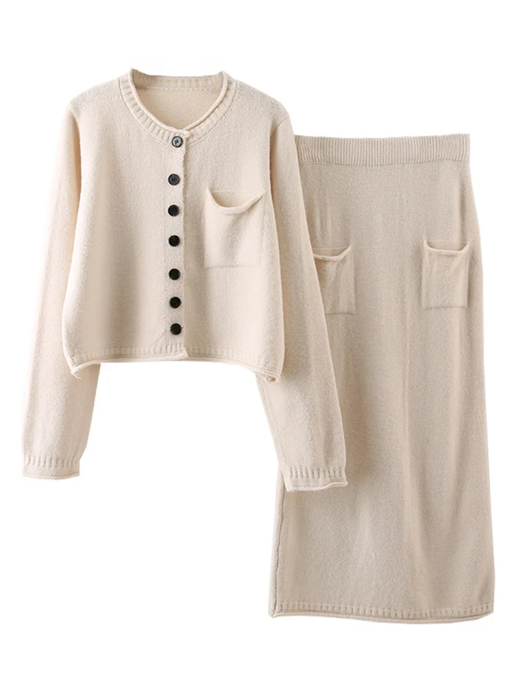 Женский трикотажный однобортный Кардиган с круглым вырезом и юбка