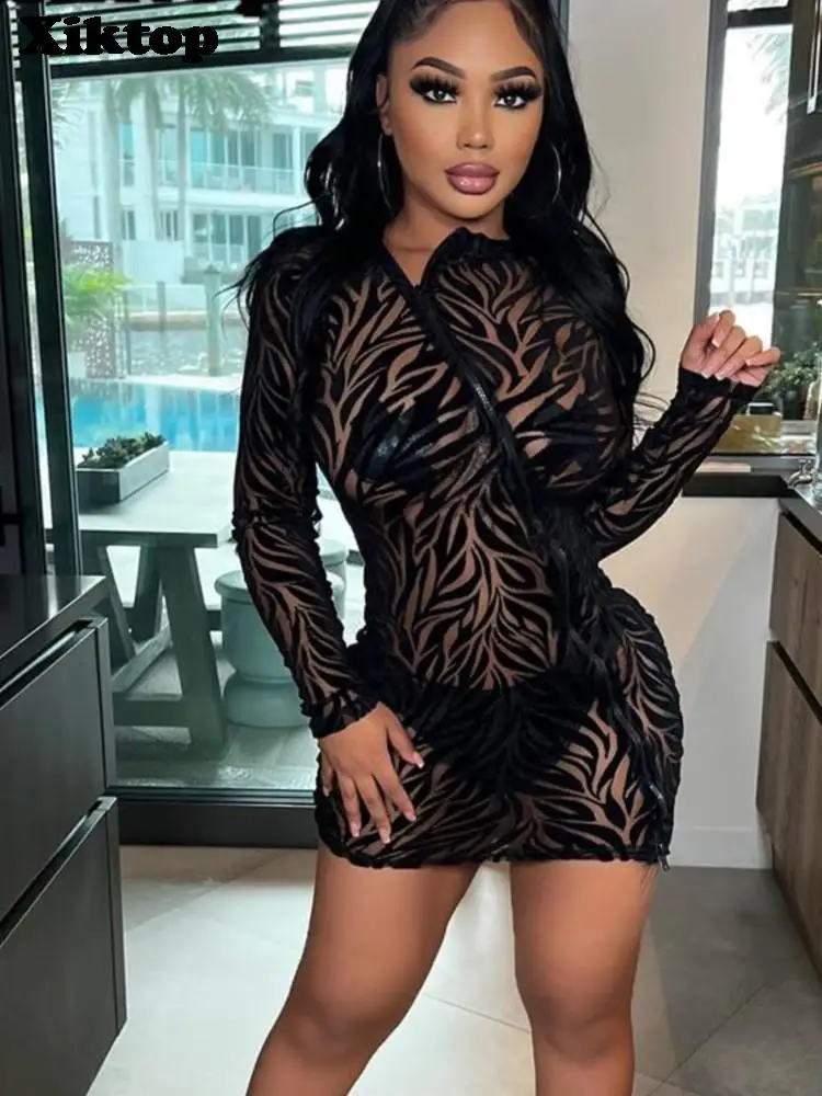 

Xiktop Black Lace Dress Mesh Perspective Zipper Open Long Sleeve Shirts Sexy Mini Skirtbirthday Girls Party Club Clothing Gothic