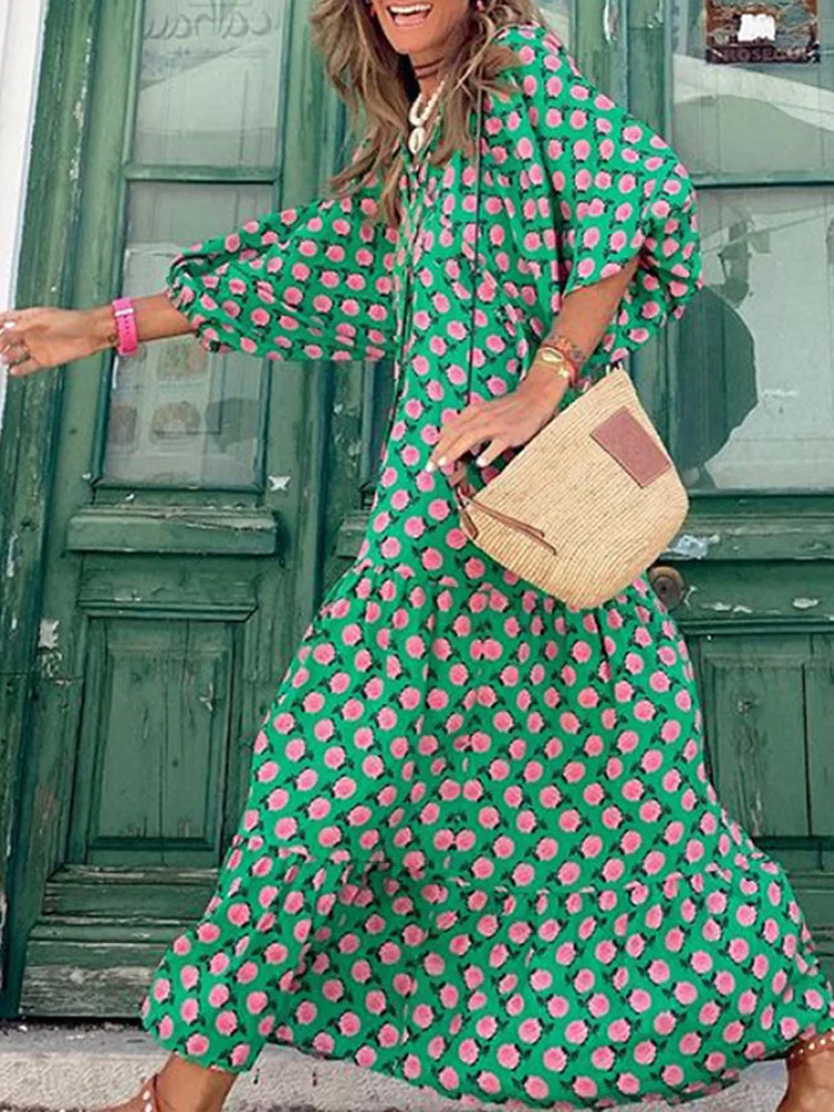 

Geometric Print Bubble Sleeve Maxi Dress Streetwear Holiady Loose Boho Dresses for Women