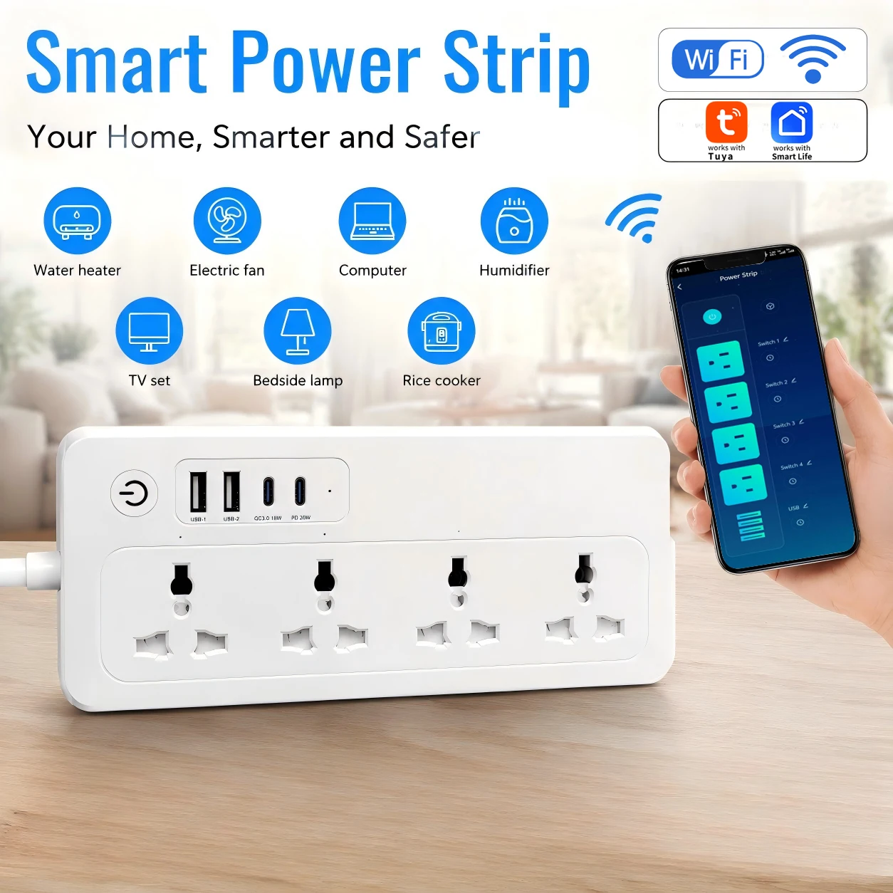 Фото Универсальный сетевой адаптер Tuya WiFi 20W с голосовым управлением, таймером и USB-портами, совместимый с Smart Life (UK/EU/US) №5