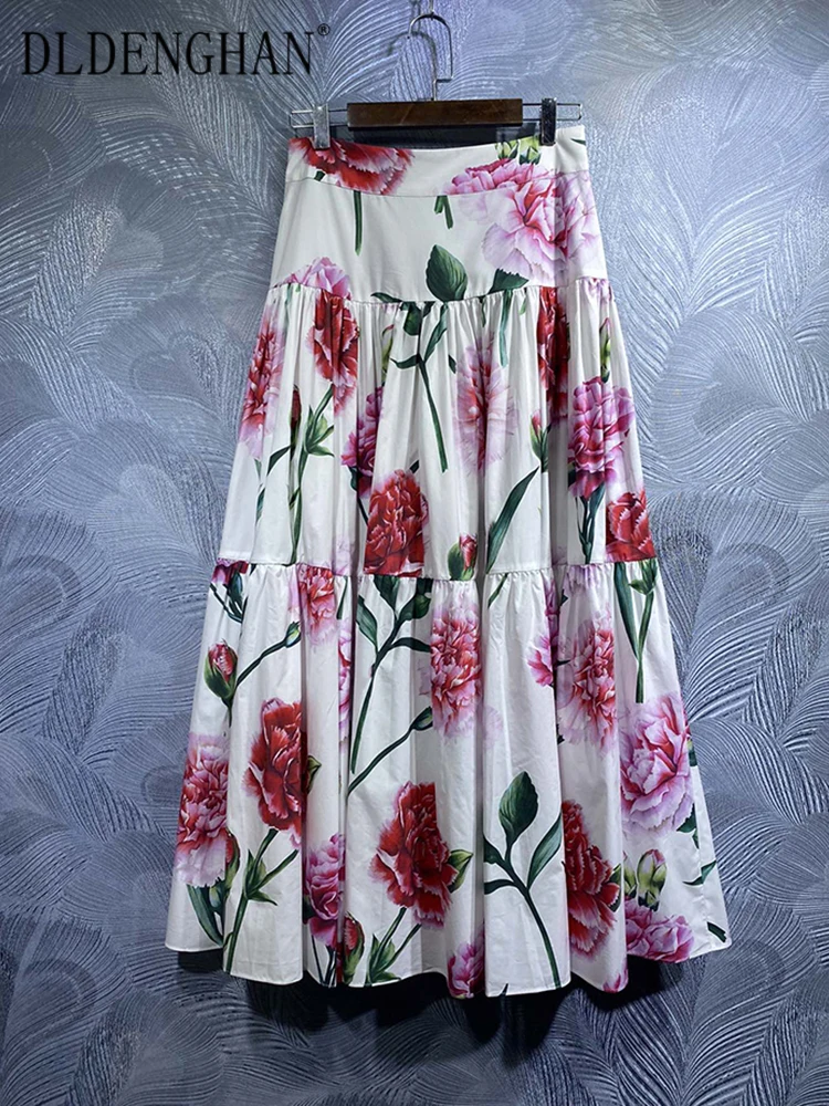 DLDENGHAN Spring Summer Women 100% Cotton Skirt Runway Vintage Purple Flowers Print A-Line Elegant Sicily Skirt Designer New